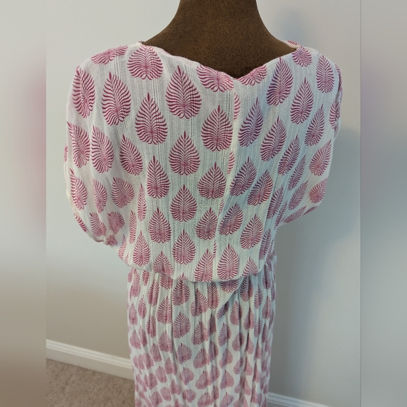 Elan Wrap Maxi Cover-Up Tunic Caftan White Pink Tropical Leaf Print Elastic, XS - Picture 5 of 9